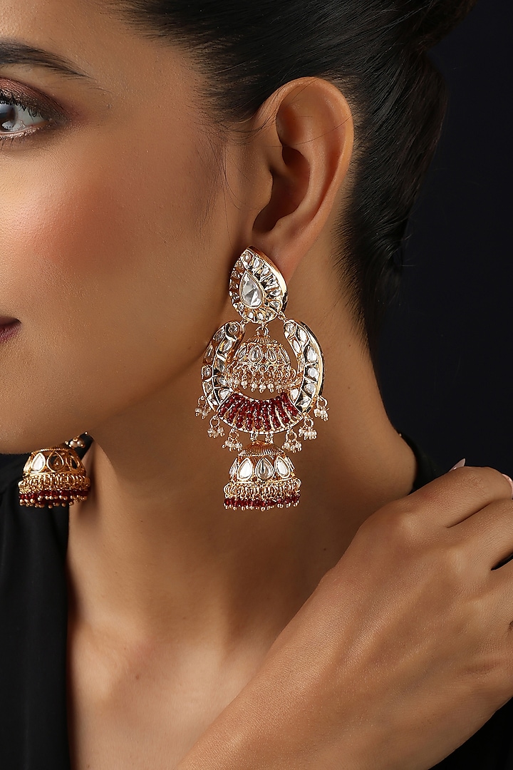 Rose Gold Finish Red Kundan Polki Jhumka Earrings by Swabhimann Jewellery at Pernia's Pop Up Shop