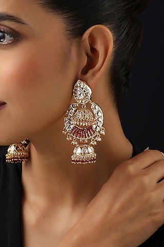 Rose Gold Finish Red Kundan Polki Jhumka Earrings by Swabhimann Jewellery