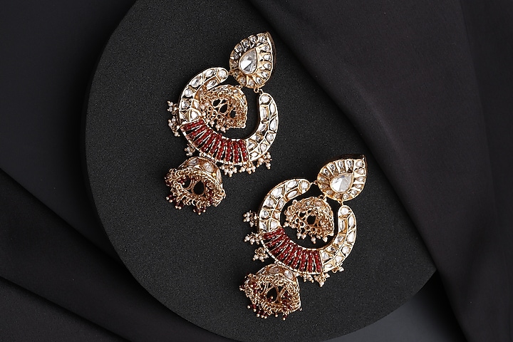 Rose Gold Finish Red Kundan Polki Jhumka Earrings by Swabhimann Jewellery at Pernia's Pop Up Shop