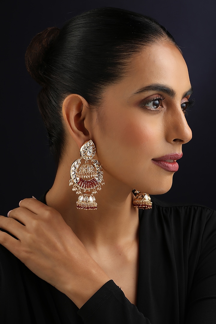 Rose Gold Finish Red Kundan Polki Jhumka Earrings by Swabhimann Jewellery at Pernia's Pop Up Shop