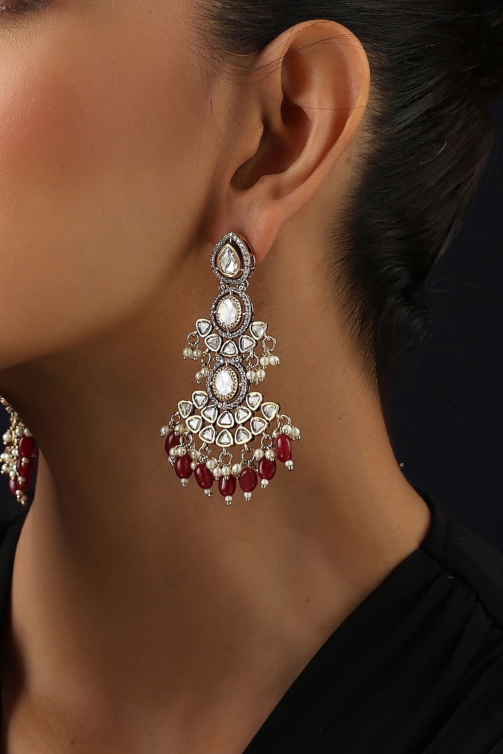 Gold Finish Red Victorian Kundan Polki Dangler Earrings by Swabhimann Jewellery at Pernia's Pop Up Shop