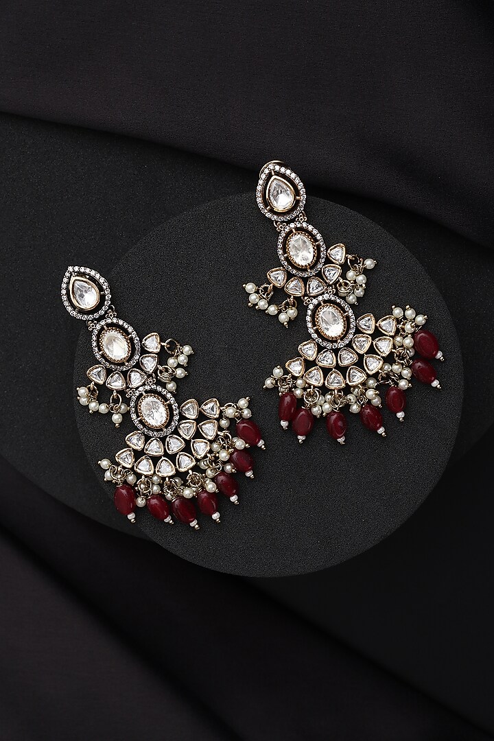 Gold Finish Red Victorian Kundan Polki Dangler Earrings by Swabhimann Jewellery at Pernia's Pop Up Shop