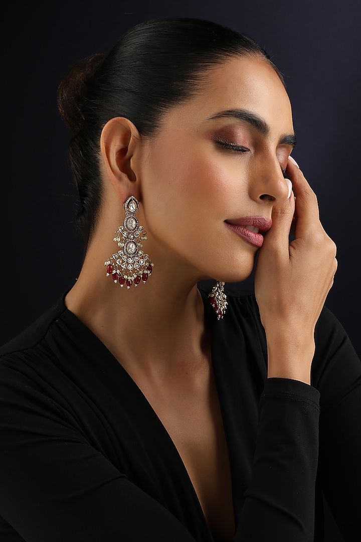 Gold Finish Red Victorian Kundan Polki Dangler Earrings by Swabhimann Jewellery at Pernia's Pop Up Shop
