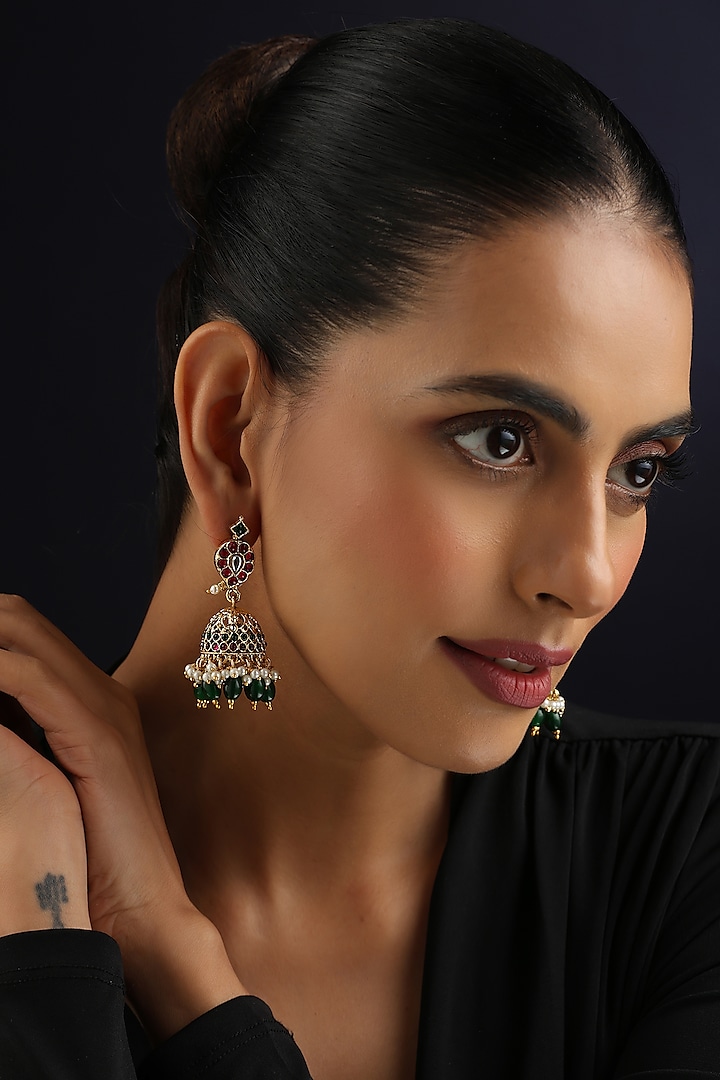 Gold Finish Multi-Colored Kundan Polki Temple Jhumka Earrings by Swabhimann Jewellery at Pernia's Pop Up Shop