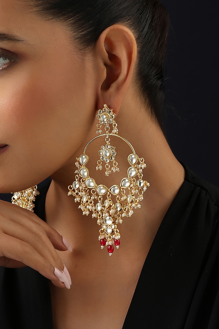 Gold Finish Red Kundan Polki Chandbali Earrings by Swabhimann Jewellery at Pernia's Pop Up Shop
