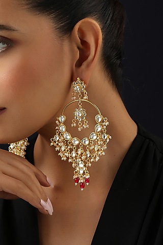 Gold Finish Red Kundan Polki Chandbali Earrings by swabhimann jewellery
