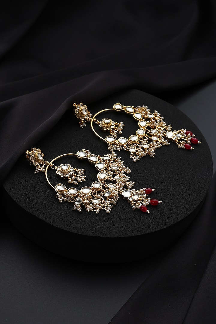Gold Finish Red Kundan Polki Chandbali Earrings by Swabhimann Jewellery at Pernia's Pop Up Shop