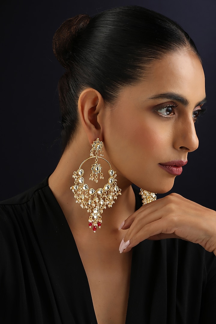 Gold Finish Red Kundan Polki Chandbali Earrings by Swabhimann Jewellery at Pernia's Pop Up Shop