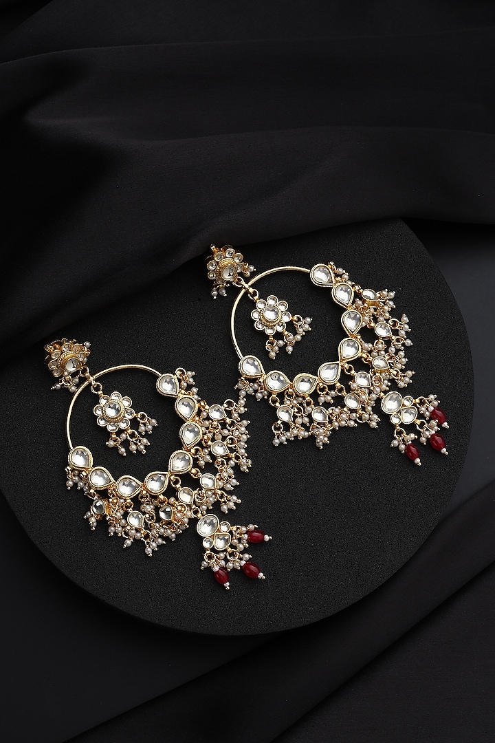 Gold Finish Red Kundan Polki Chandbali Earrings by Swabhimann Jewellery at Pernia's Pop Up Shop