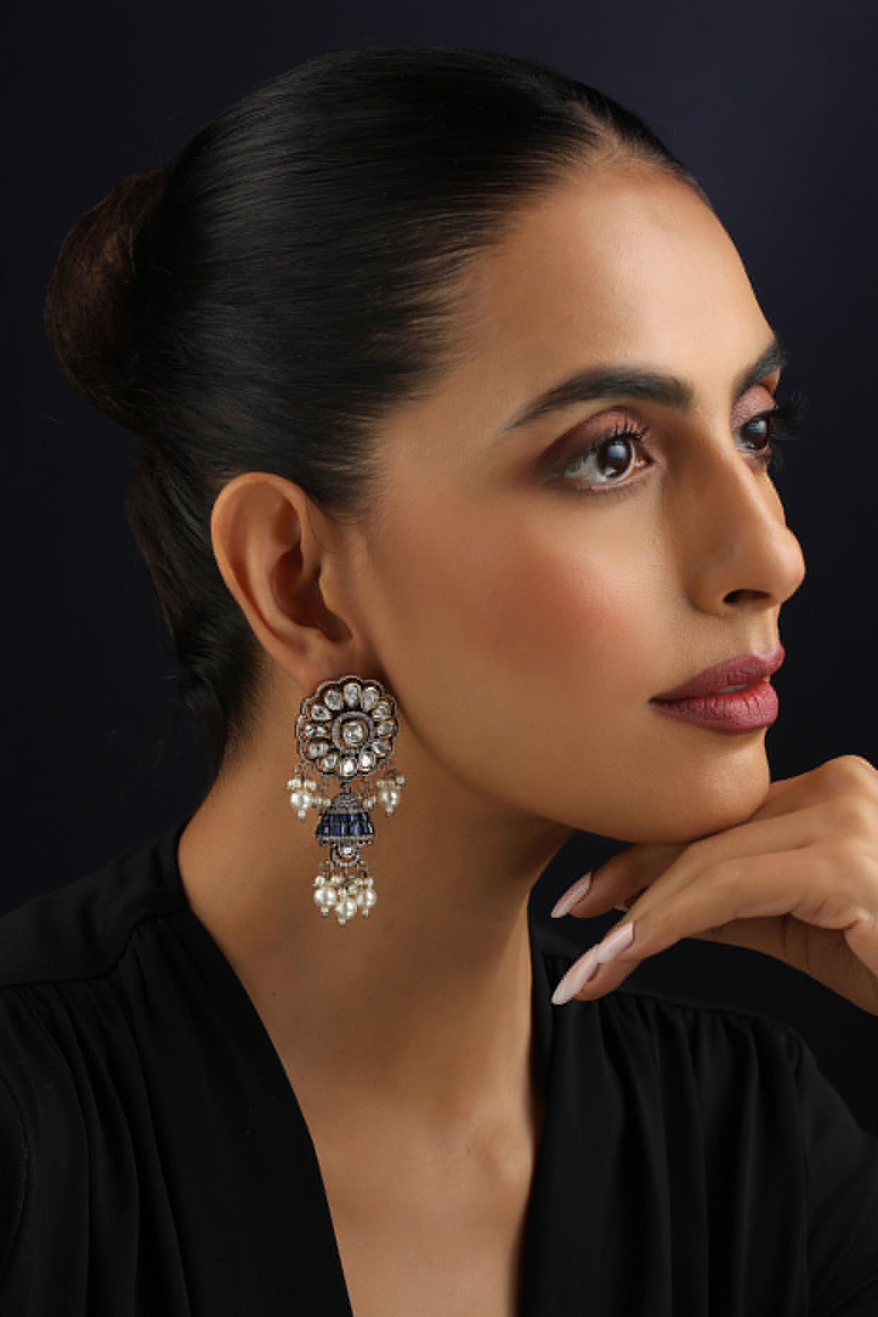 Gold Finish Blue Victorian Kundan Polki Jhumka Earrings by Swabhimann Jewellery at Pernia's Pop Up Shop