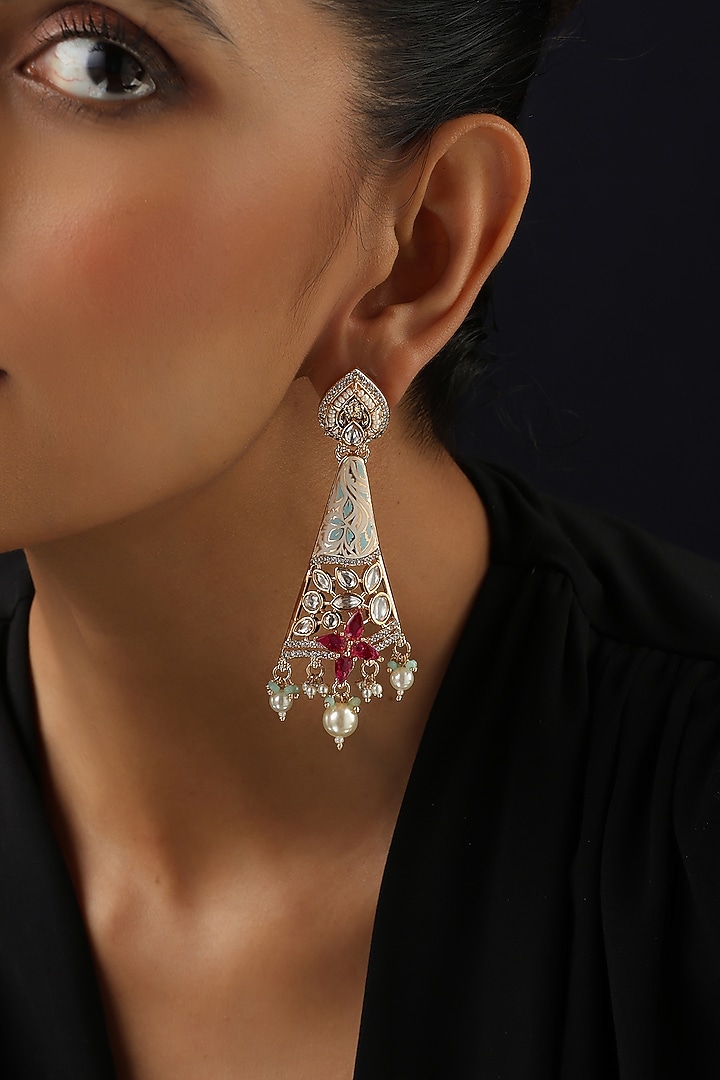 Rose Gold Finish Red Kundan Polki Dangler Earrings by Swabhimann Jewellery at Pernia's Pop Up Shop
