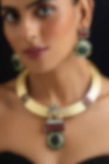 Gold Finish Emerald & Ruby Hasli Necklace Set by Swabhimann Jewellery at Pernia's Pop Up Shop