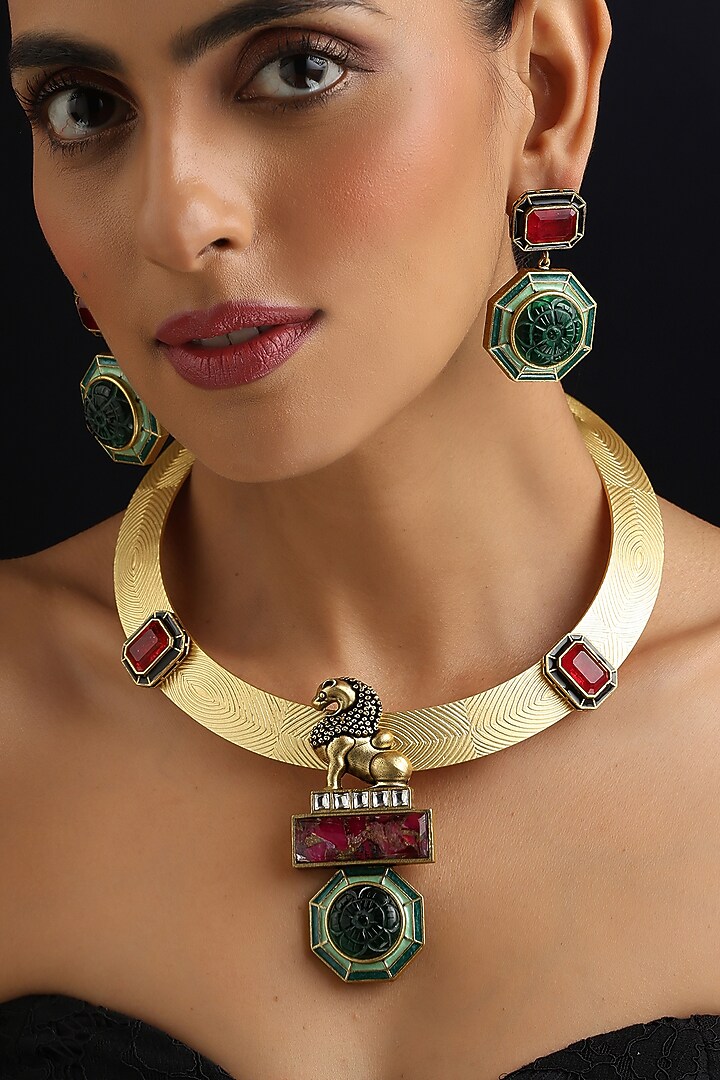 Gold Finish Emerald & Ruby Hasli Necklace Set by Swabhimann Jewellery at Pernia's Pop Up Shop