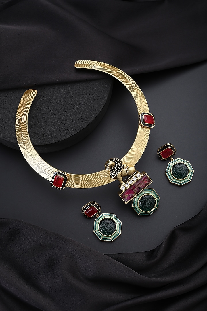 Gold Finish Emerald & Ruby Hasli Necklace Set by Swabhimann Jewellery at Pernia's Pop Up Shop