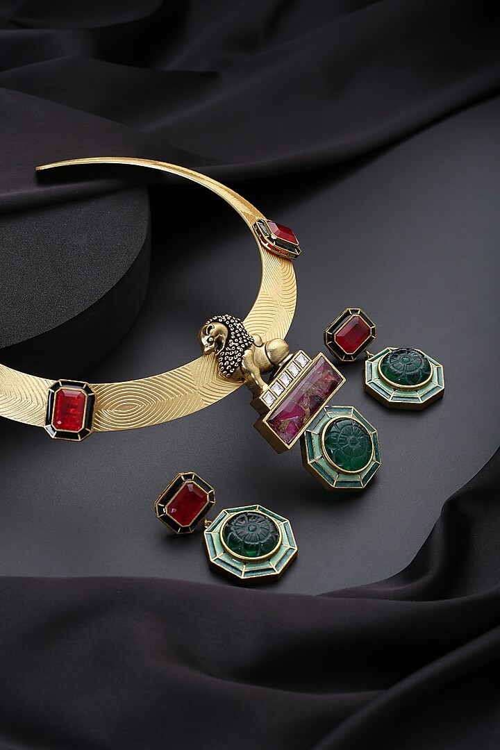 Gold Finish Emerald & Ruby Hasli Necklace Set by Swabhimann Jewellery at Pernia's Pop Up Shop