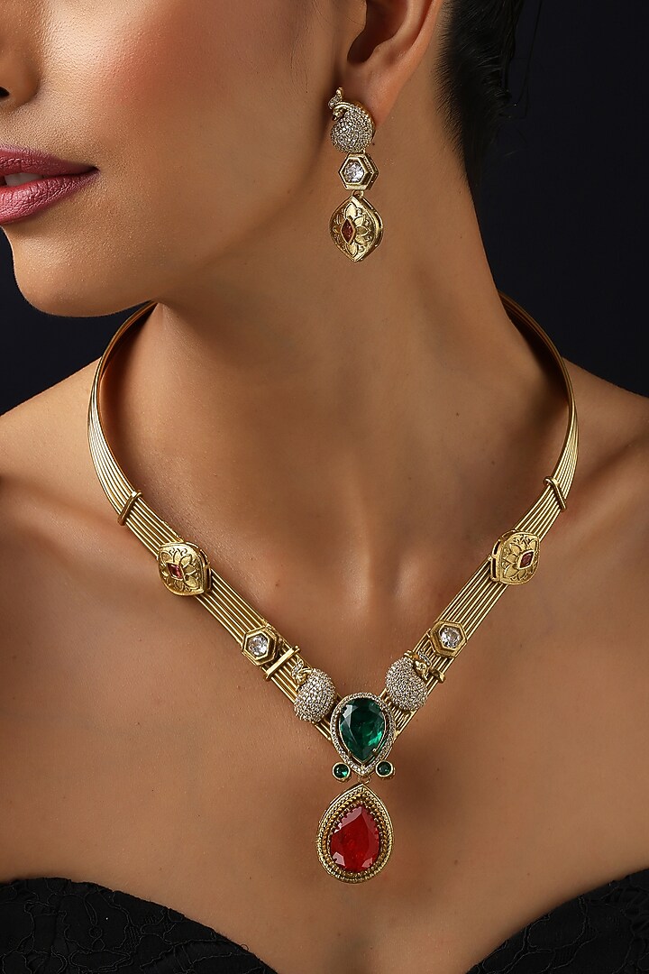 Gold Finish Emerald & Ruby Hasli Necklace Set by Swabhimann Jewellery at Pernia's Pop Up Shop