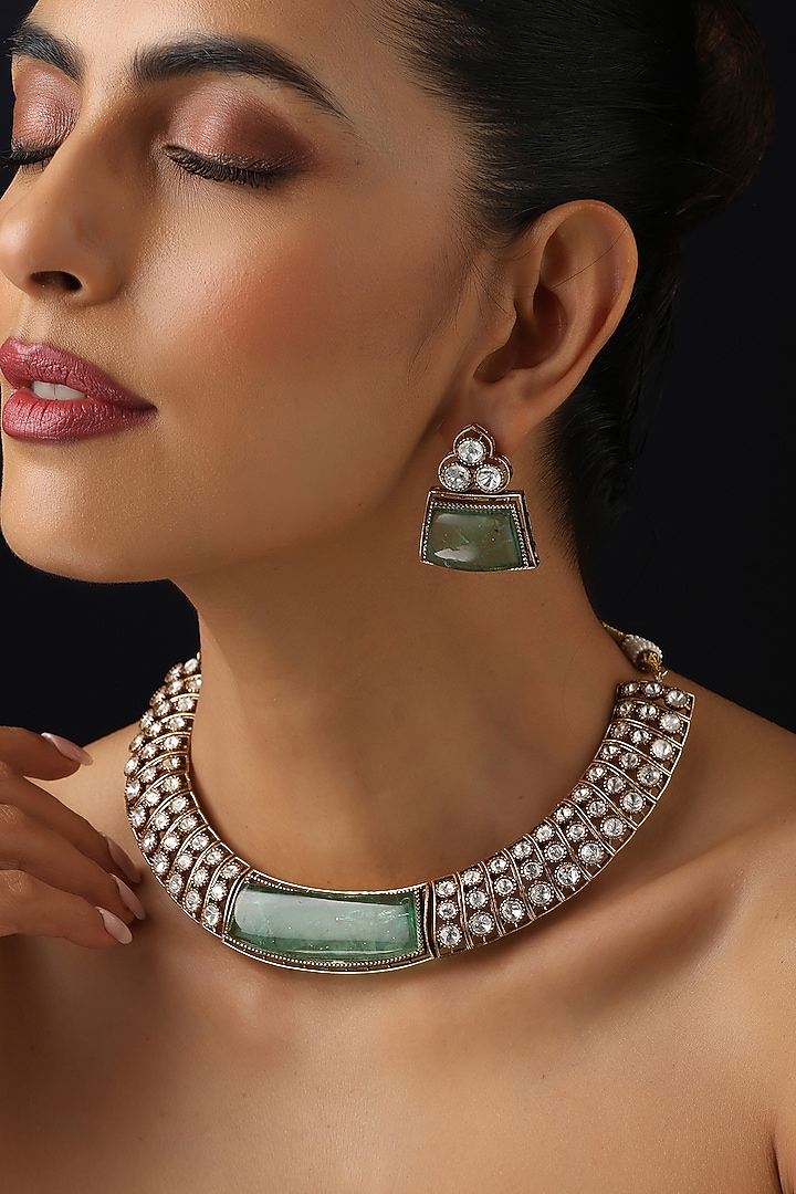 Gold Finish Mint Kundan Polki Hasli Necklace Set by Swabhimann Jewellery at Pernia's Pop Up Shop