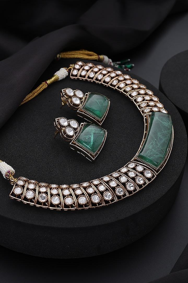 Gold Finish Mint Kundan Polki Hasli Necklace Set by Swabhimann Jewellery at Pernia's Pop Up Shop