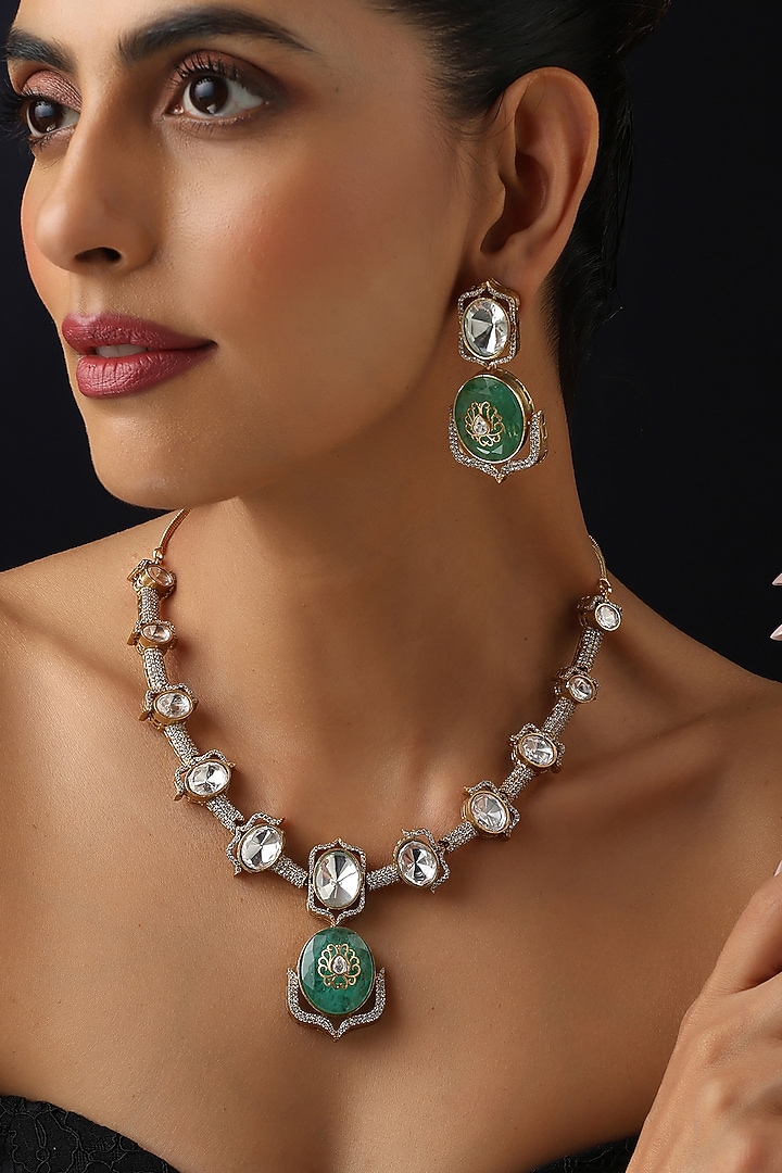 Gold Finish Mint Kundan Polki Necklace Set by Swabhimann Jewellery at Pernia's Pop Up Shop