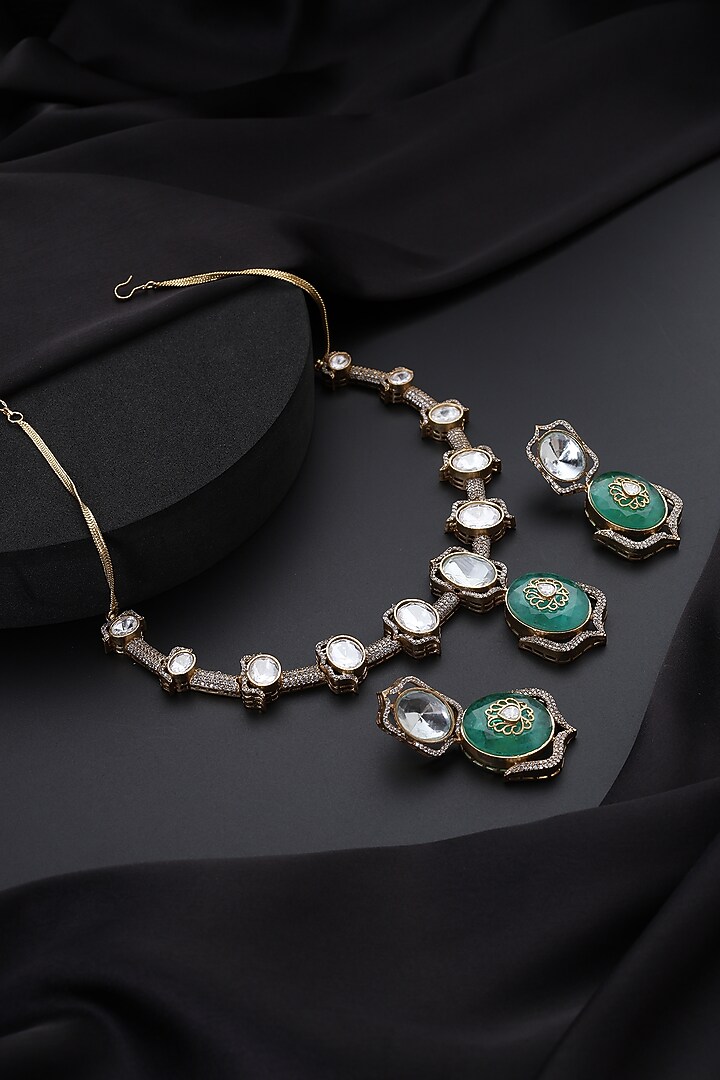 Gold Finish Mint Kundan Polki Necklace Set by Swabhimann Jewellery at Pernia's Pop Up Shop