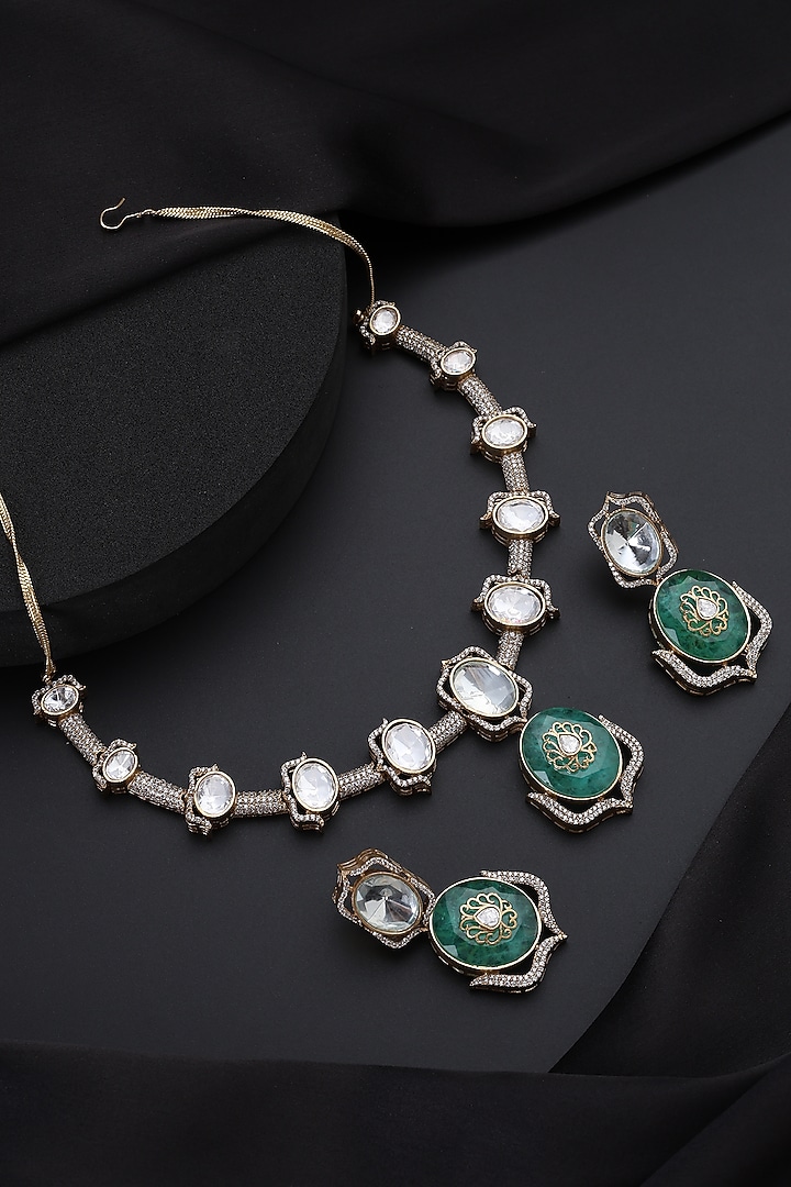 Gold Finish Mint Kundan Polki Necklace Set by Swabhimann Jewellery at Pernia's Pop Up Shop