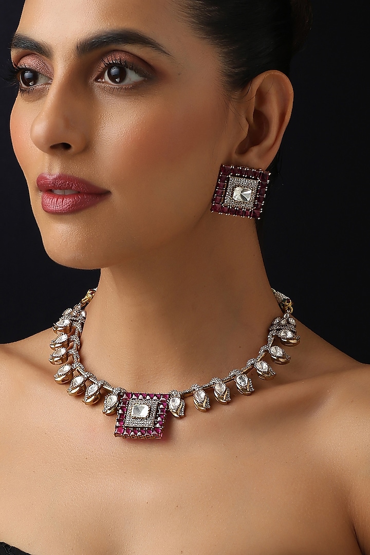 Gold Finish Ruby Kundan Polki Hasli Necklace Set by Swabhimann Jewellery at Pernia's Pop Up Shop