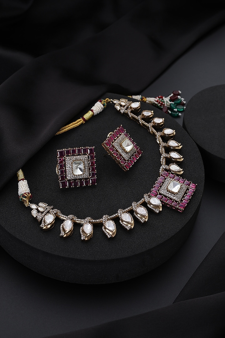Gold Finish Ruby Kundan Polki Hasli Necklace Set by Swabhimann Jewellery at Pernia's Pop Up Shop