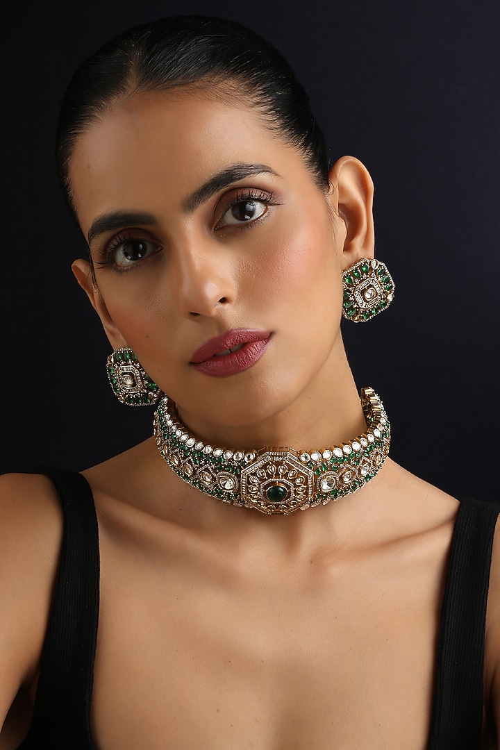 Gold Finish Emerald & Kundan Polki Choker Necklace Set by Swabhimann Jewellery at Pernia's Pop Up Shop