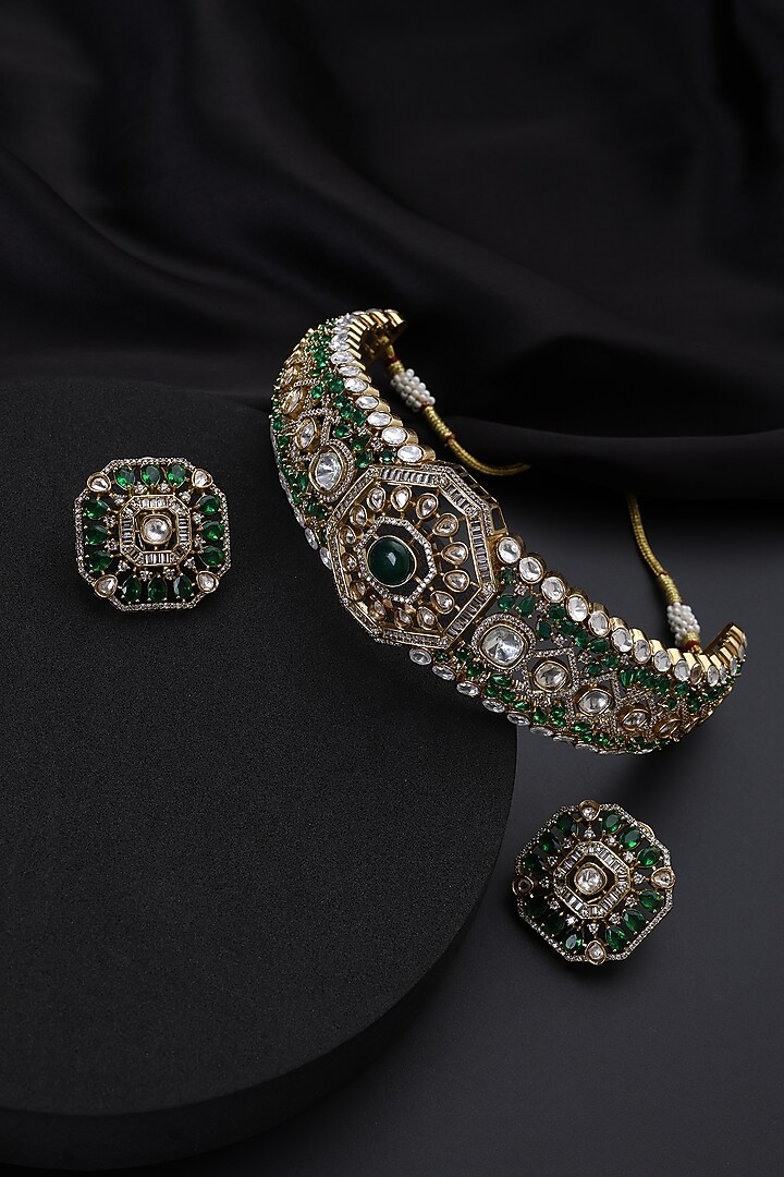 Gold Finish Emerald & Kundan Polki Choker Necklace Set by Swabhimann Jewellery at Pernia's Pop Up Shop
