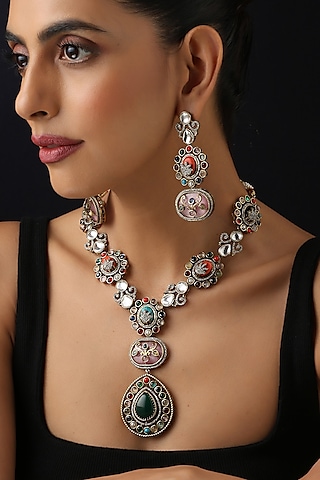 Gold Finish Multi-Colored Kundan Polki Long Necklace Set by Swabhimann Jewellery