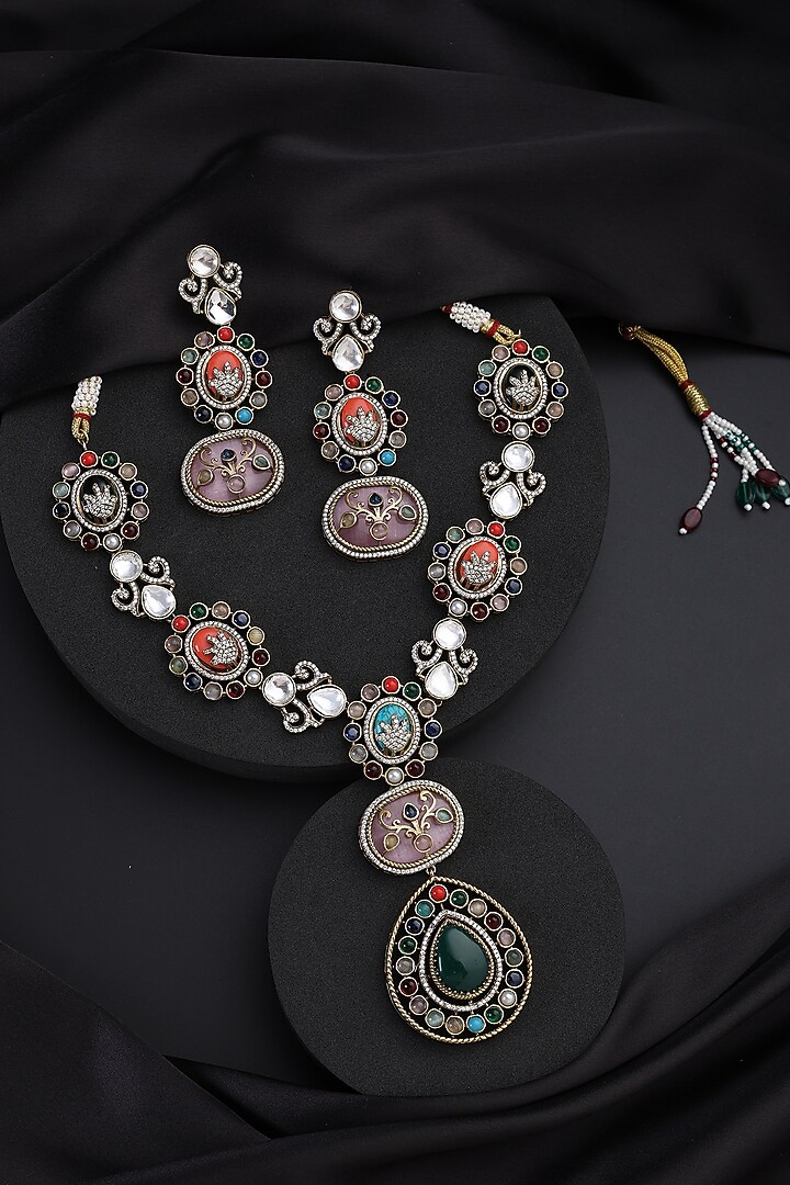 Gold Finish Multi-Colored Kundan Polki Long Necklace Set by Swabhimann Jewellery at Pernia's Pop Up Shop