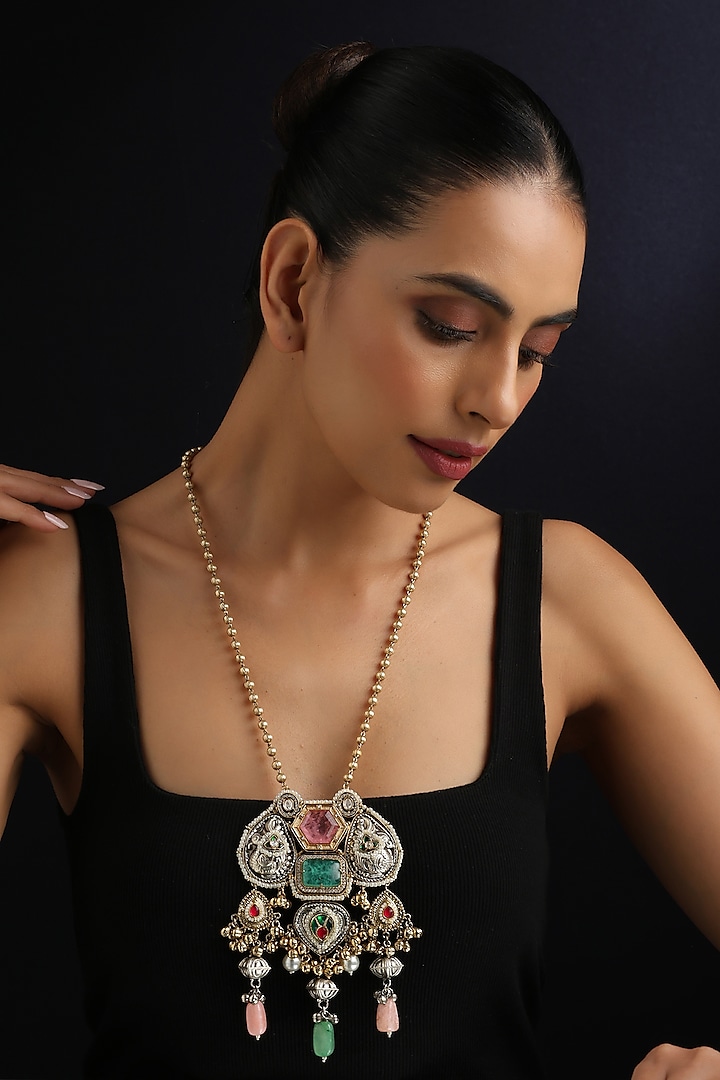 Gold Finish Multi-Colored Kundan Polki Long Pendant Necklace  by Swabhimann Jewellery at Pernia's Pop Up Shop