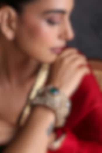 Gold Finish Kundan Polki & Emerald Stone Handcrafted Cuff by Swabhimann Jewellery at Pernia's Pop Up Shop