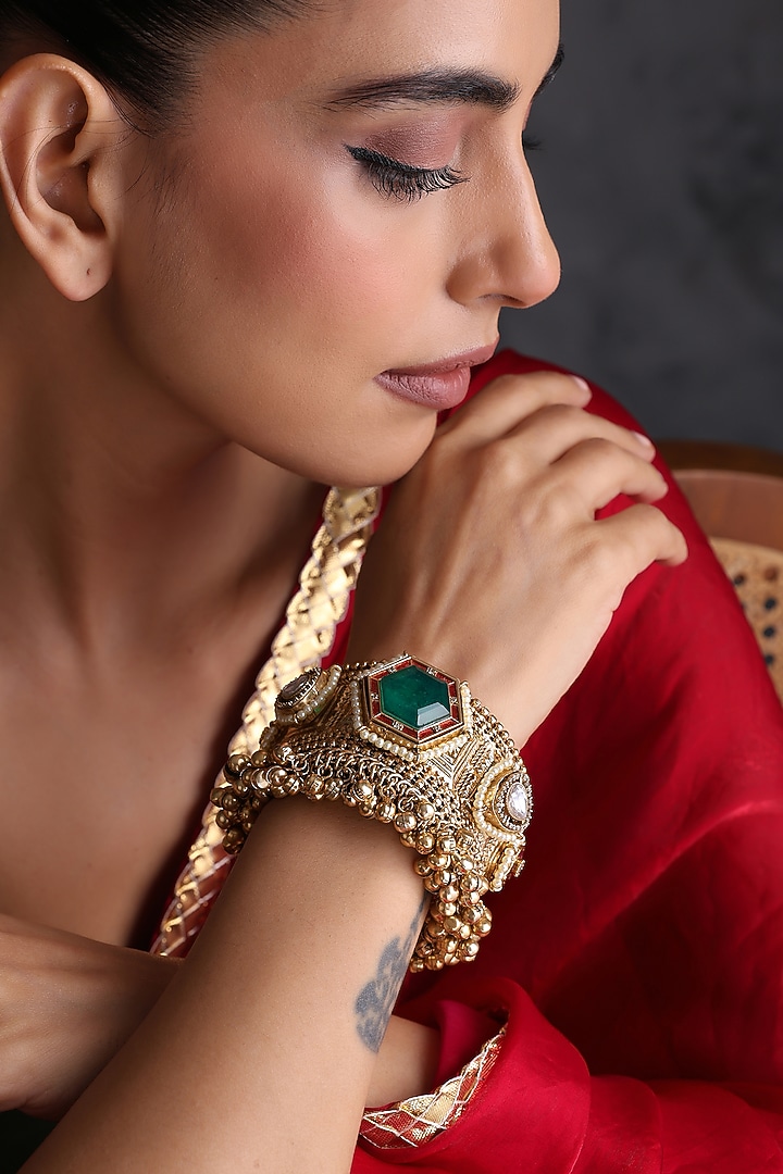 Gold Finish Kundan Polki & Emerald Stone Handcrafted Cuff by Swabhimann Jewellery at Pernia's Pop Up Shop