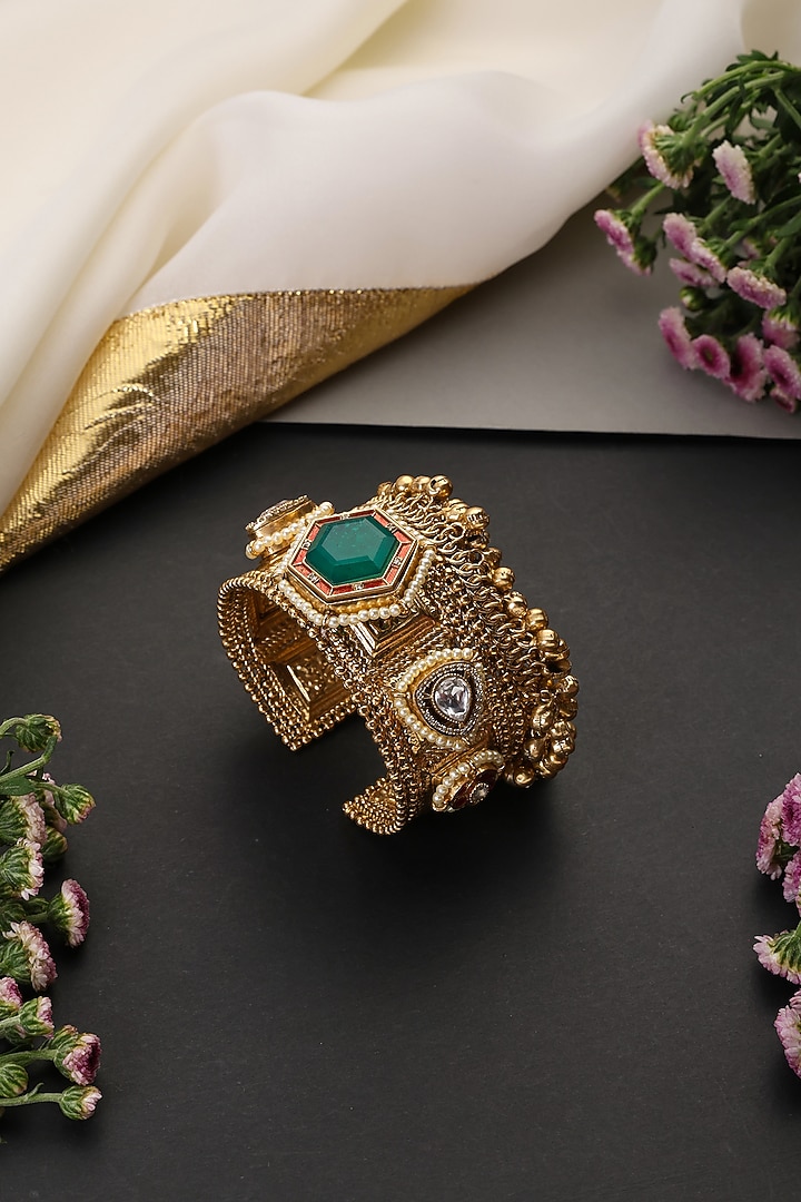 Gold Finish Kundan Polki & Emerald Stone Handcrafted Cuff by Swabhimann Jewellery at Pernia's Pop Up Shop
