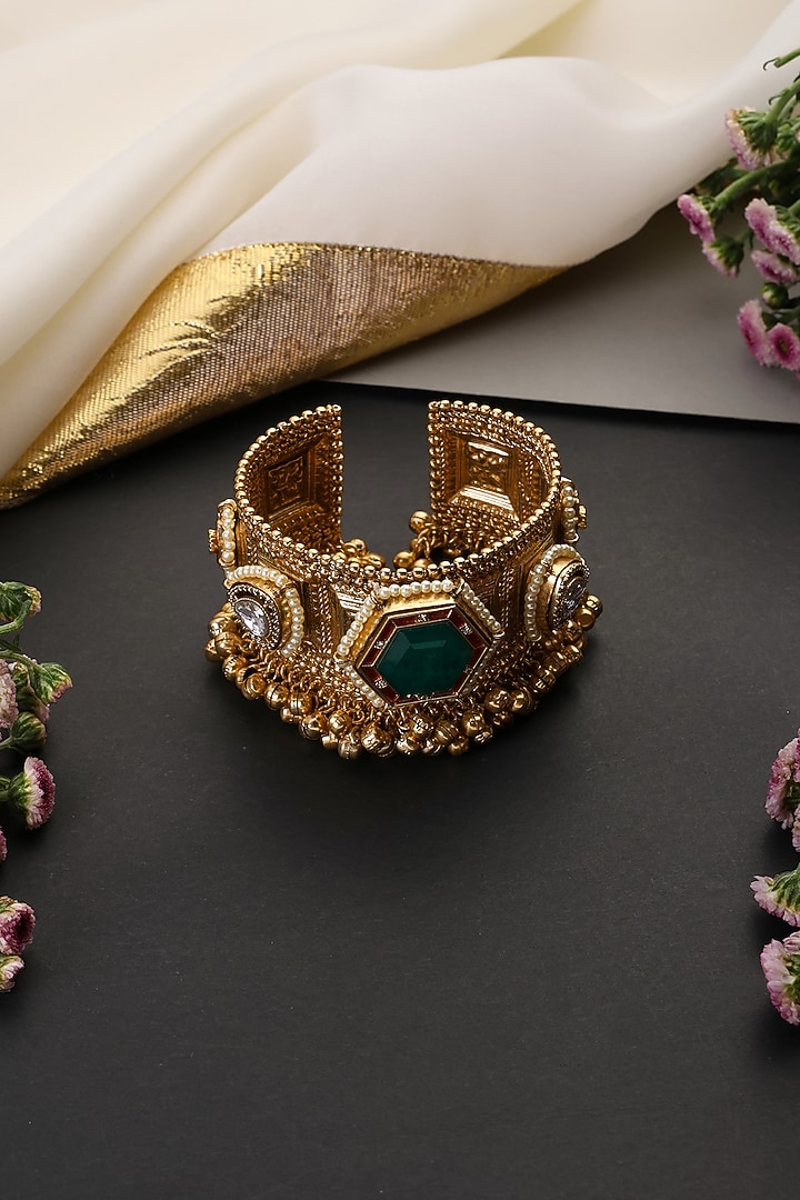 Gold Finish Kundan Polki & Emerald Stone Handcrafted Cuff by Swabhimann Jewellery at Pernia's Pop Up Shop