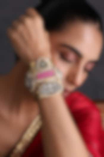 Gold Finish Pink Kundan Polki Handcrafted Cuff by Swabhimann Jewellery at Pernia's Pop Up Shop
