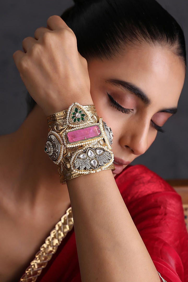 Gold Finish Pink Kundan Polki Handcrafted Cuff by Swabhimann Jewellery at Pernia's Pop Up Shop