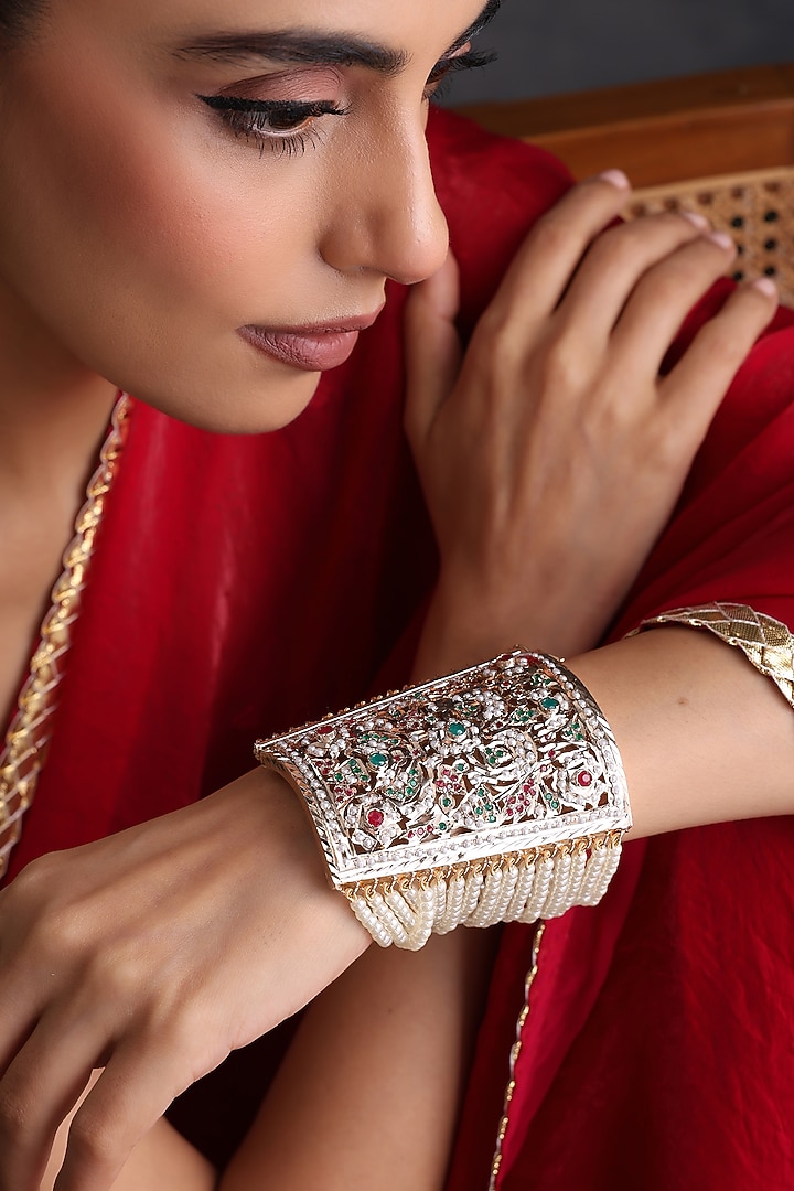 Gold Finish Multi-Colored Kundan Polki Handcrafted Jadau Bracelet by Swabhimann Jewellery at Pernia's Pop Up Shop