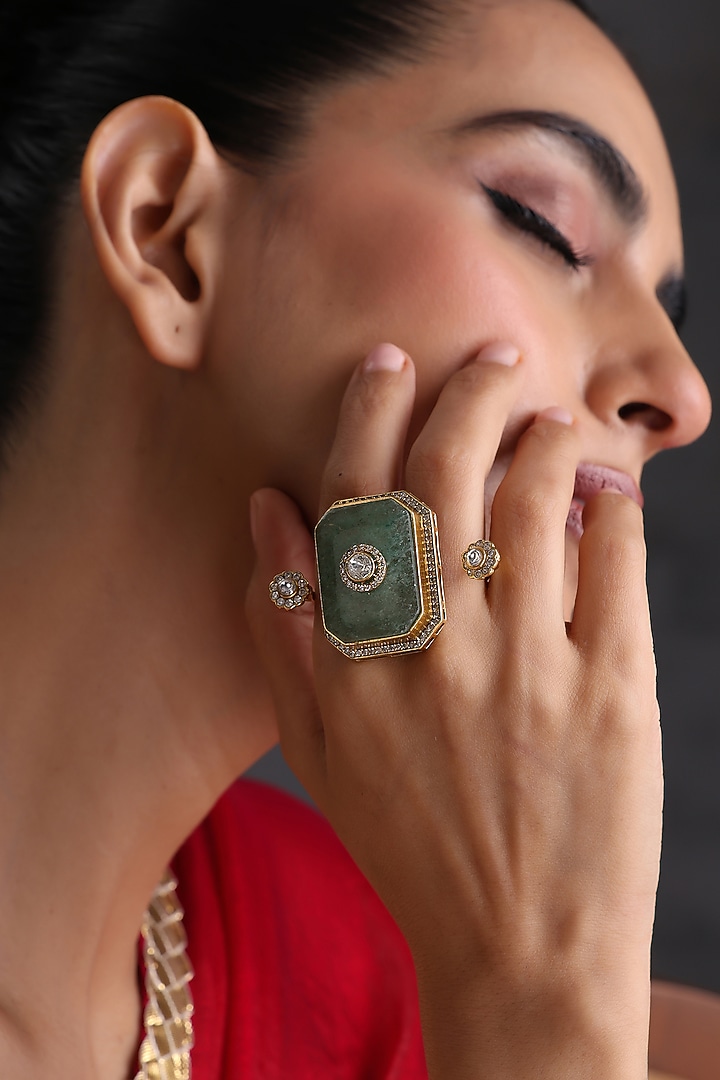 Gold Finish Mint Kundan Polki Handcrafted Ring by Swabhimann Jewellery at Pernia's Pop Up Shop