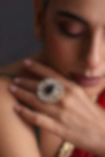 Gold Finish Blue Kundan Polki Handcrafted Ring by Swabhimann Jewellery at Pernia's Pop Up Shop