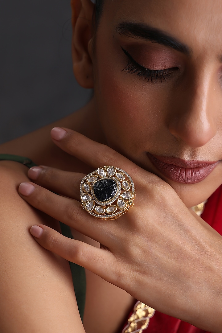 Gold Finish Blue Kundan Polki Handcrafted Ring by Swabhimann Jewellery at Pernia's Pop Up Shop