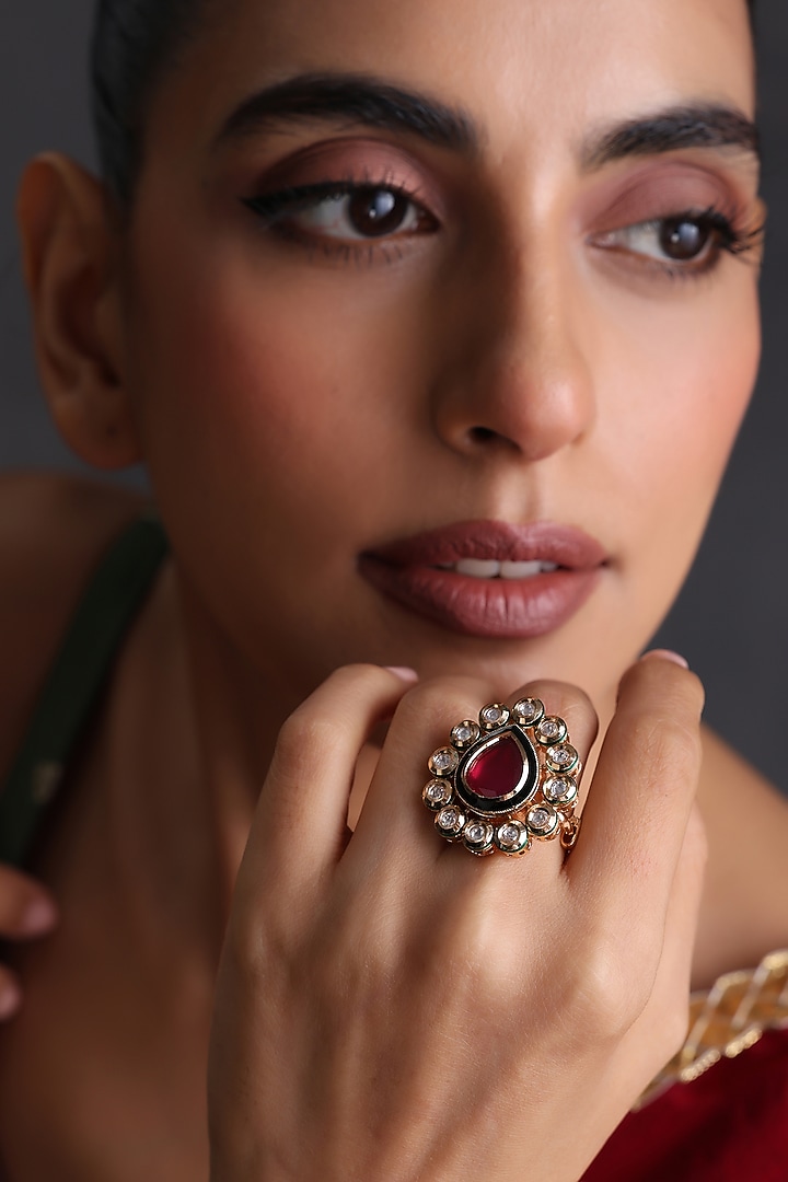 Gold Finish Red Kundan Polki Handcrafted Ring by Swabhimann Jewellery at Pernia's Pop Up Shop