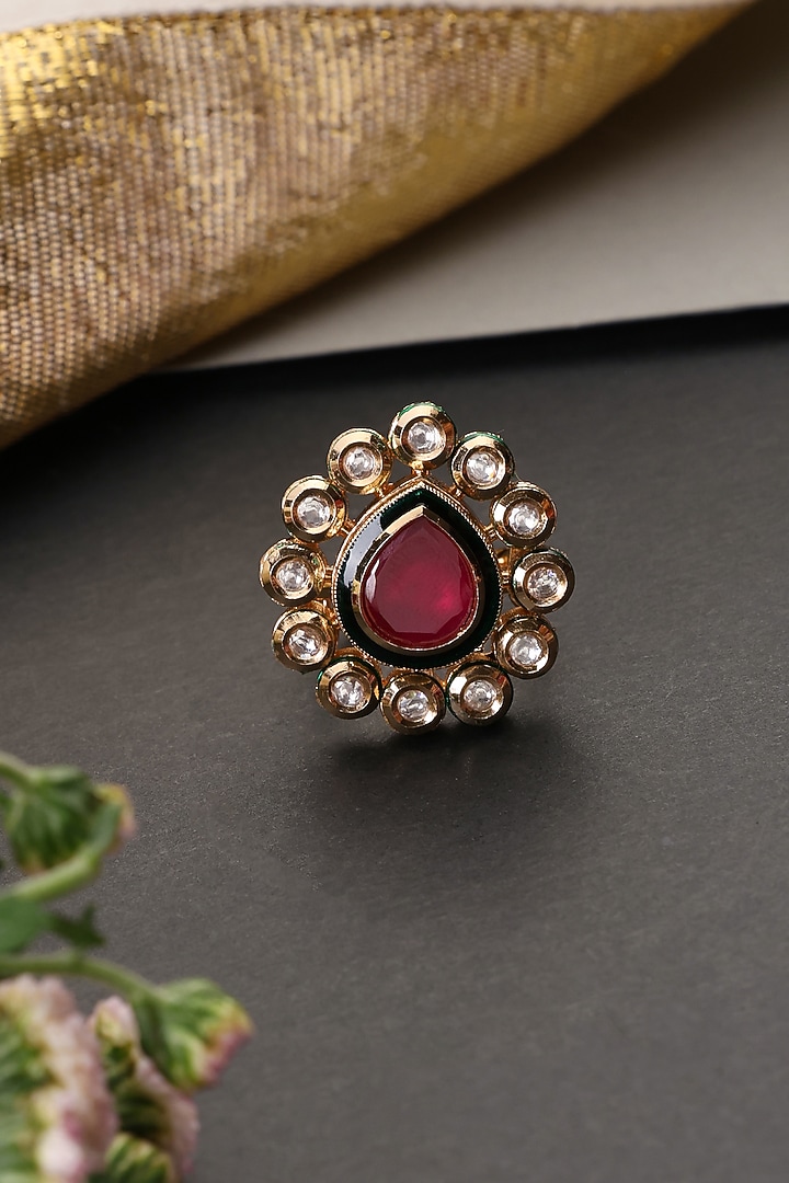 Gold Finish Red Kundan Polki Handcrafted Ring by Swabhimann Jewellery at Pernia's Pop Up Shop
