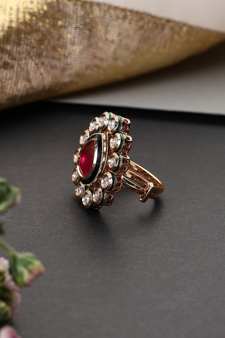 Gold Finish Red Kundan Polki Handcrafted Ring by Swabhimann Jewellery at Pernia's Pop Up Shop