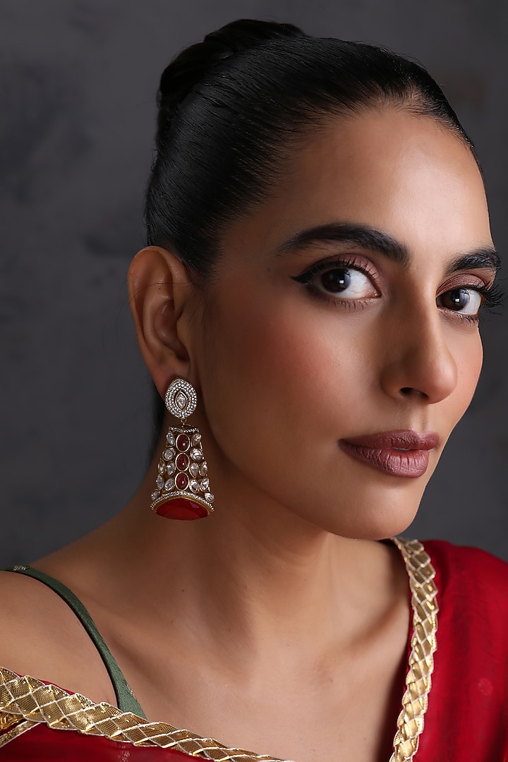 Gold Finish Kundan Polki & Ruby Stone Handcrafted Jhumka Earrings by Swabhimann Jewellery at Pernia's Pop Up Shop