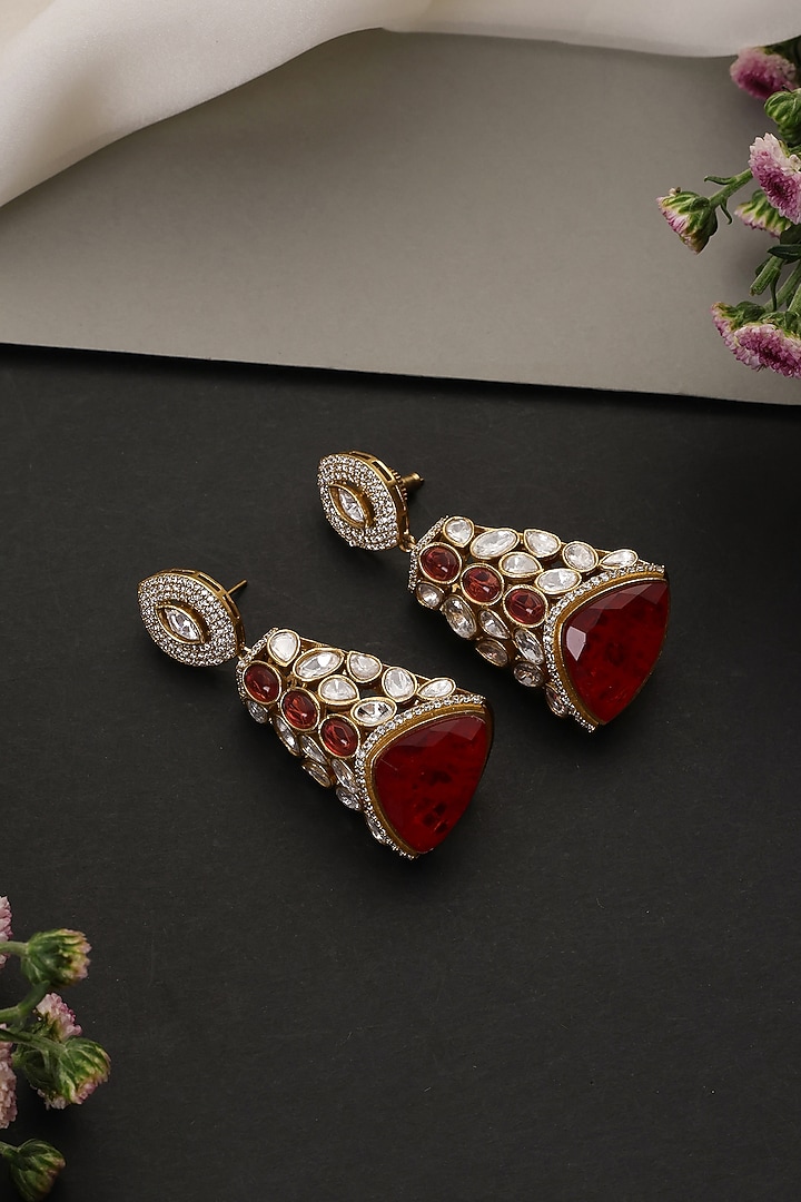Gold Finish Kundan Polki & Ruby Stone Handcrafted Jhumka Earrings by Swabhimann Jewellery at Pernia's Pop Up Shop