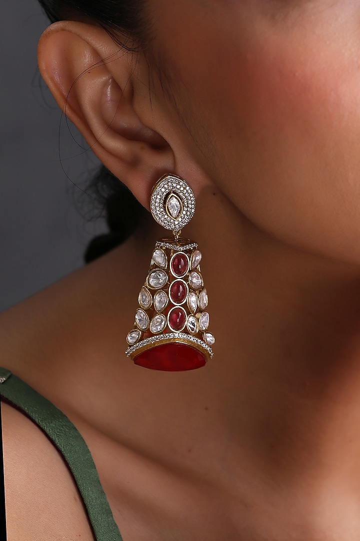 Gold Finish Kundan Polki & Ruby Stone Handcrafted Jhumka Earrings by Swabhimann Jewellery at Pernia's Pop Up Shop