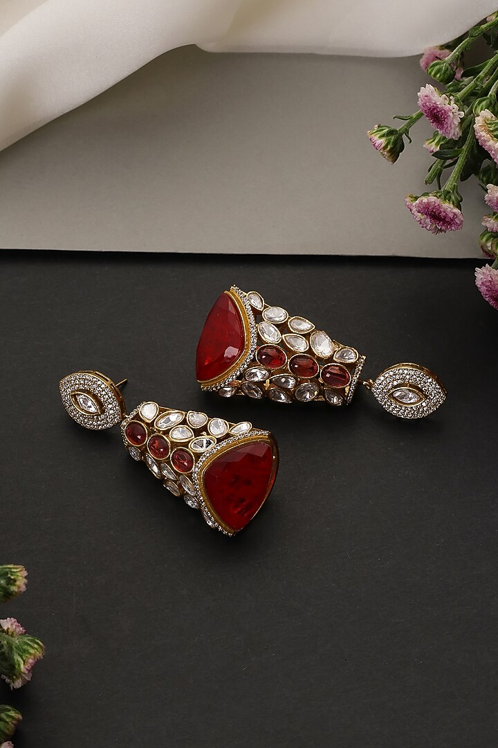 Gold Finish Kundan Polki & Ruby Stone Handcrafted Jhumka Earrings by Swabhimann Jewellery at Pernia's Pop Up Shop