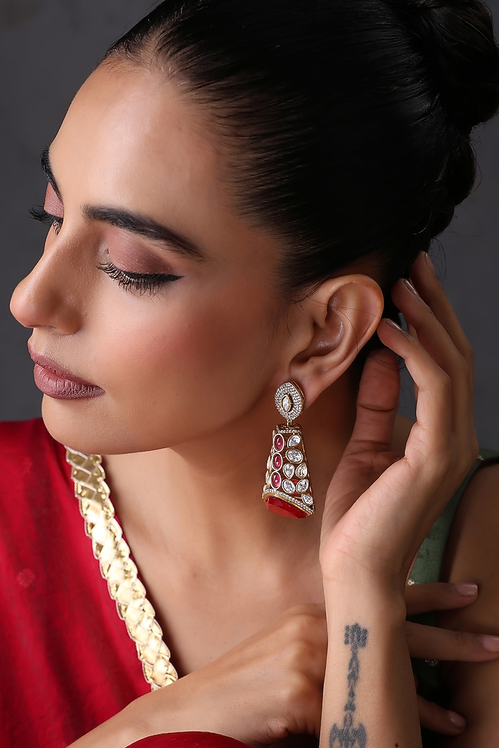 Gold Finish Kundan Polki & Ruby Stone Handcrafted Jhumka Earrings by Swabhimann Jewellery at Pernia's Pop Up Shop